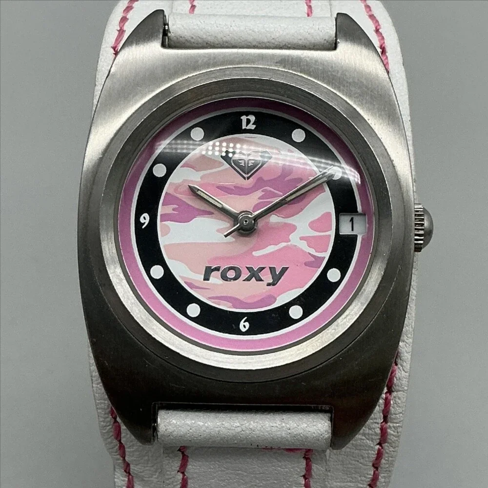 Roxy Womens Watch 30mm Pink Camo Logo Dial White Leather Bund Strap New Battery